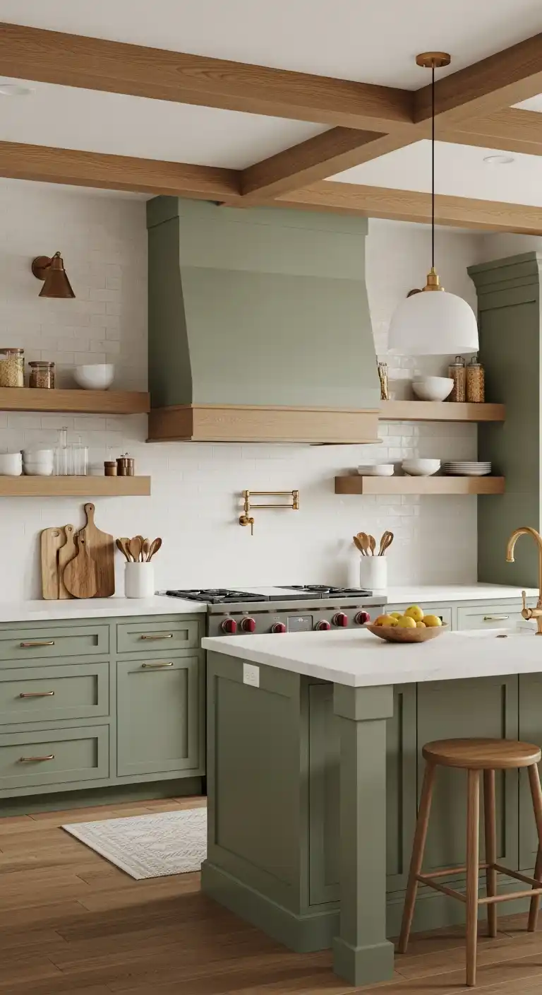 Sage Green Cabinets with Warm Wood Accents