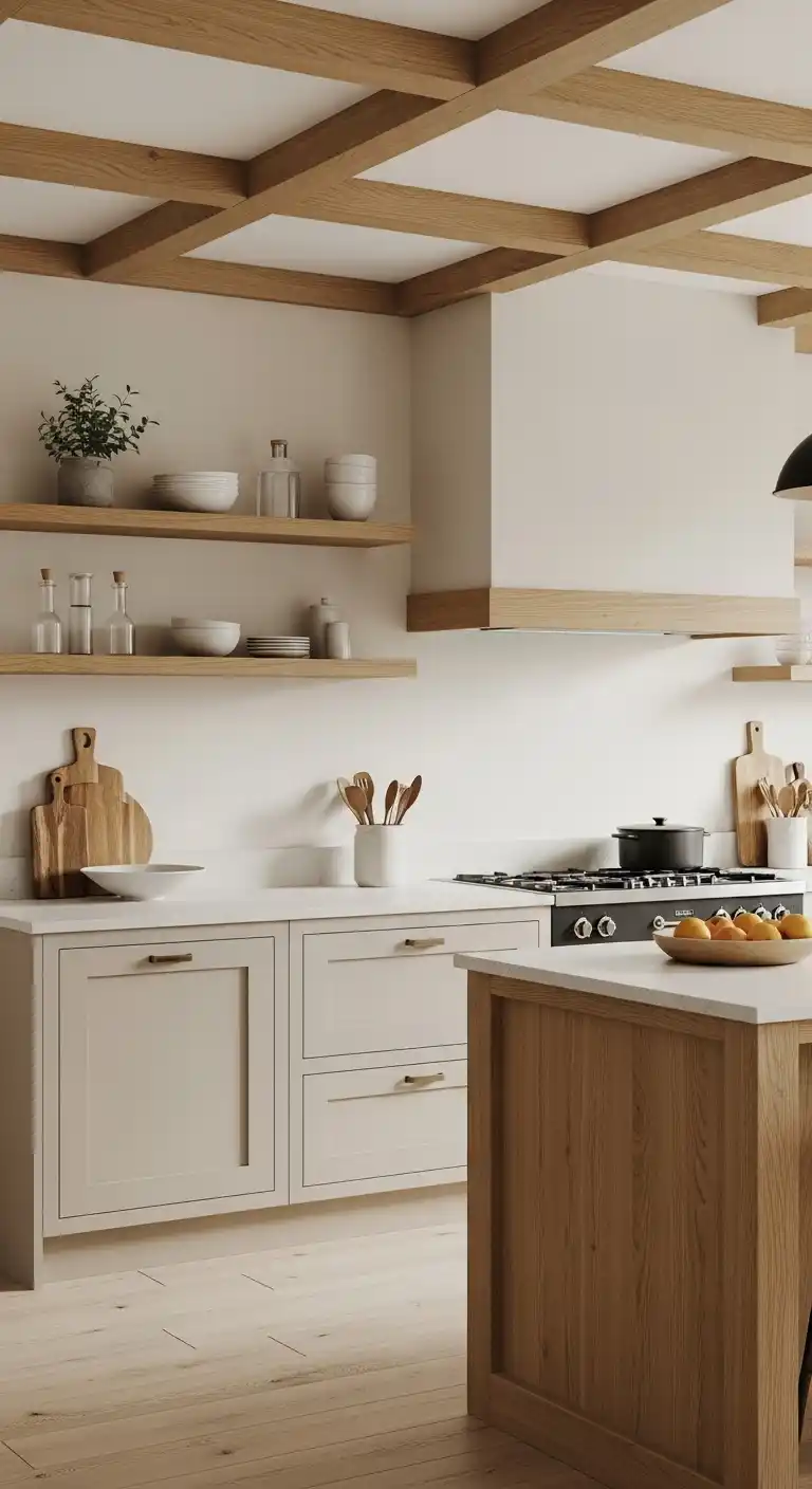 Warm Beige Kitchen Cabinet With Natural Wood Accents