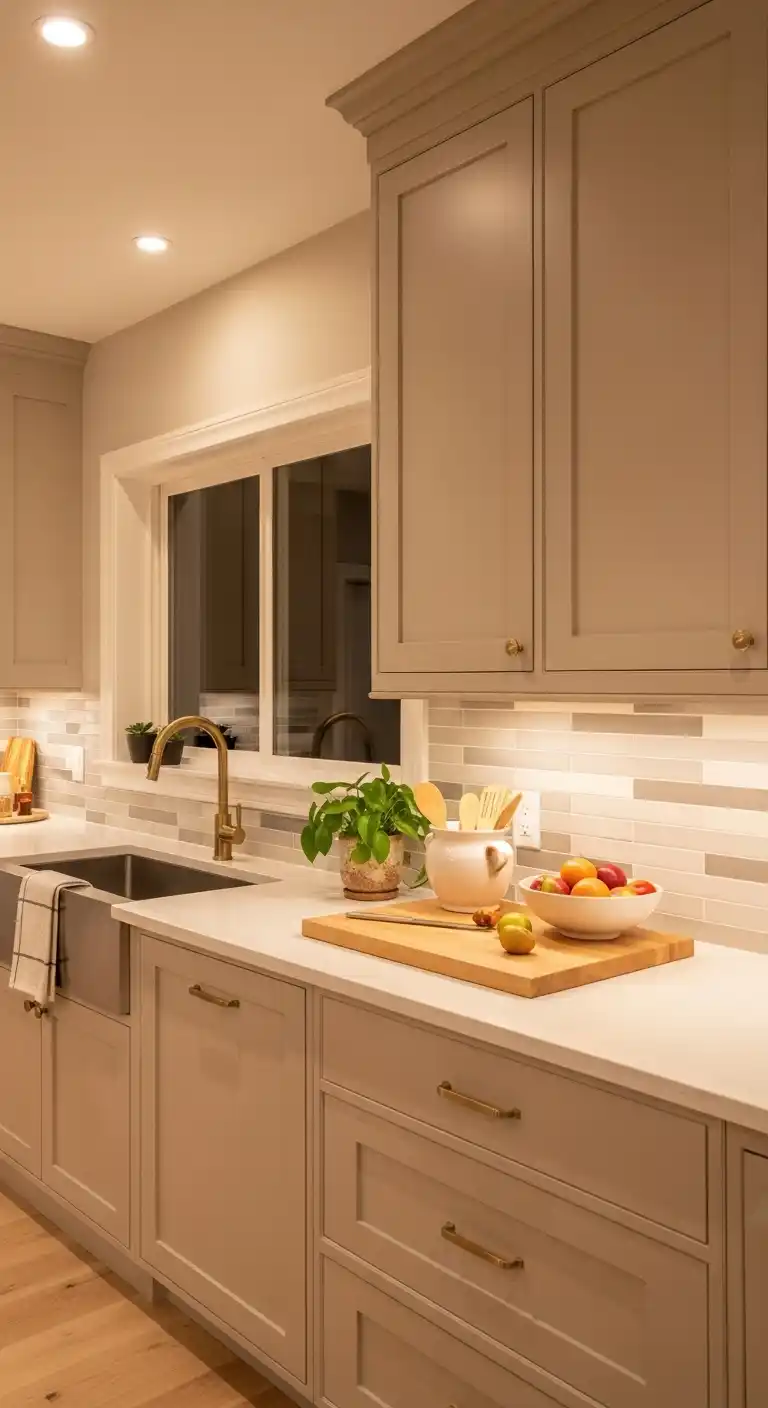 Beige Kitchen Cabinet With Warm Neutral Backsplash