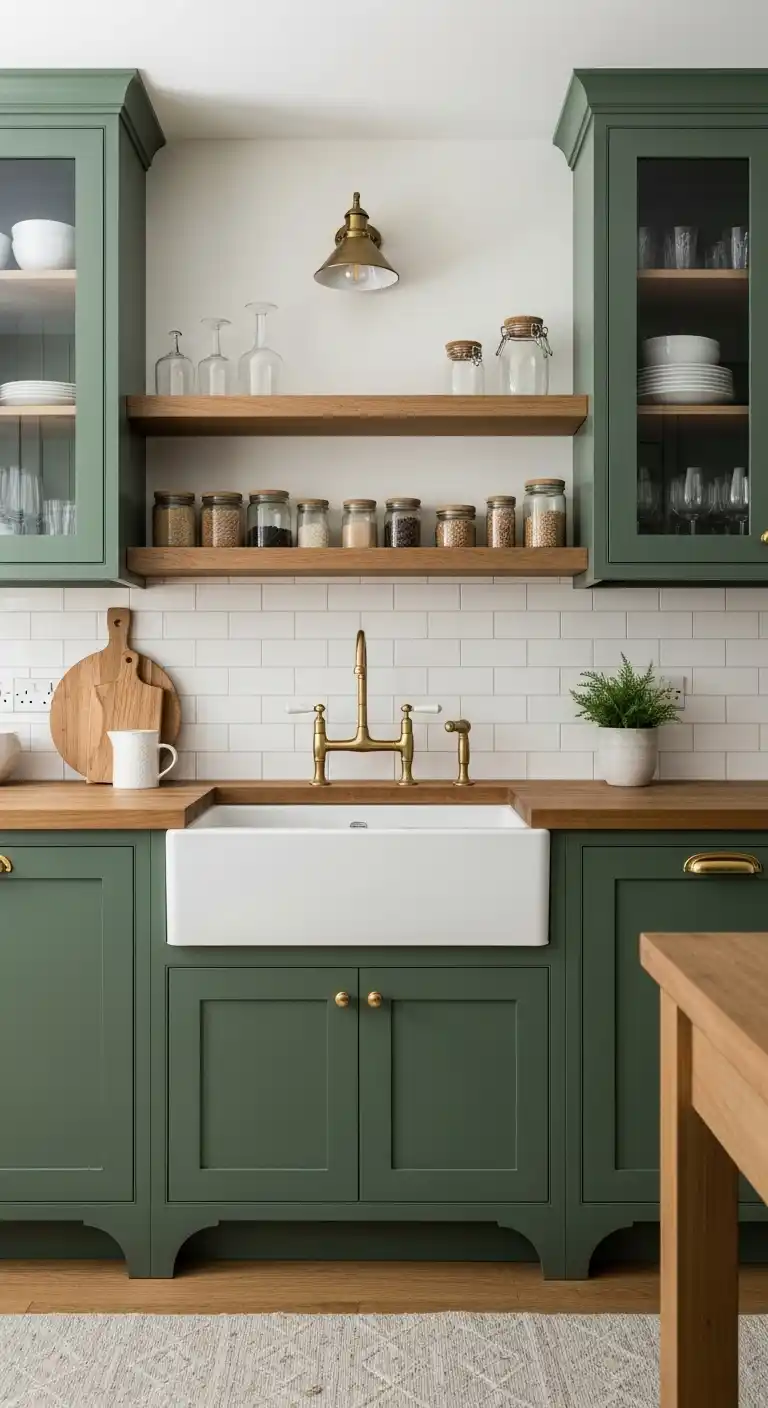 Green Cabinets with Farmhouse Sink