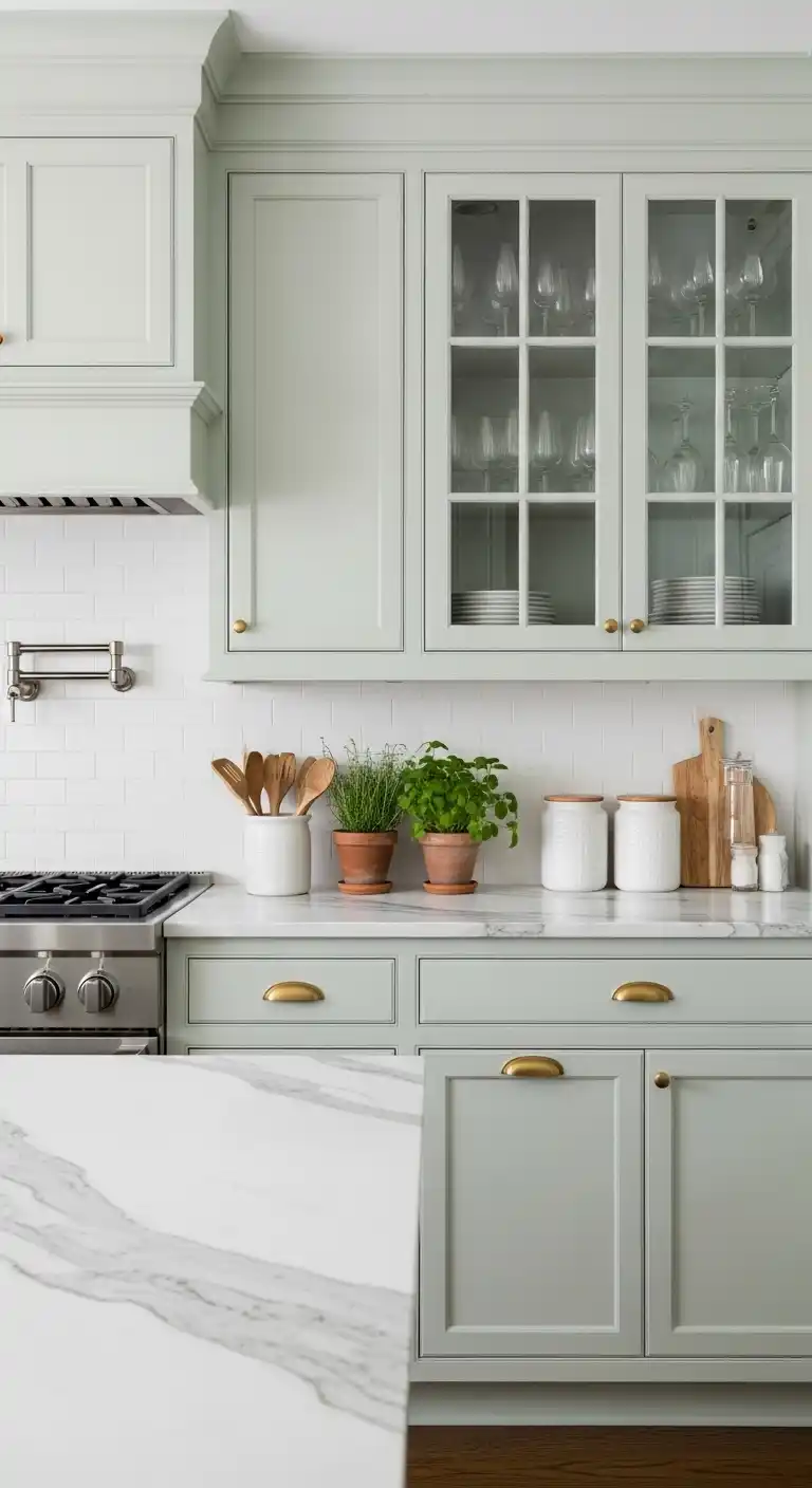 Light Green Cabinets with White Marble