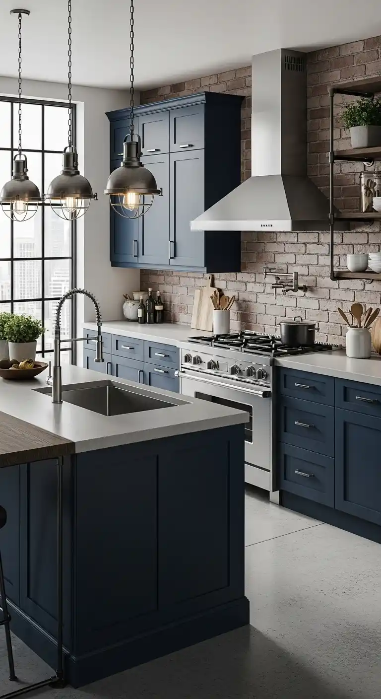 Navy Cabinets With Industrial Accents
