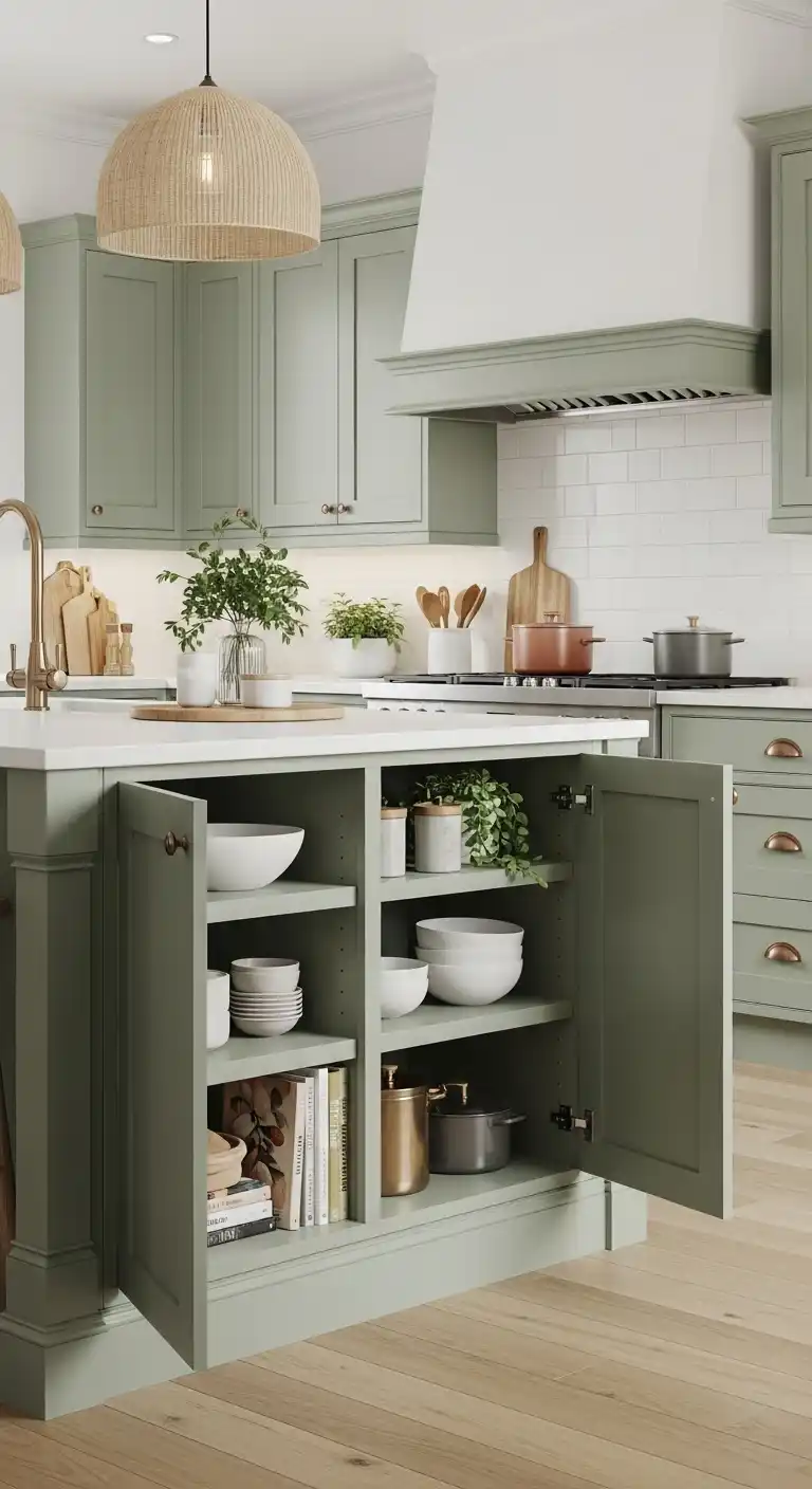 Sage Green Cabinets with Open Island Storage