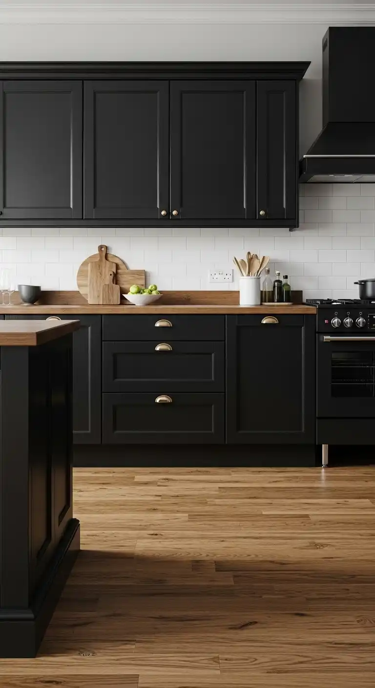 Black Kitchen Cabinets With Natural Wood Flooring