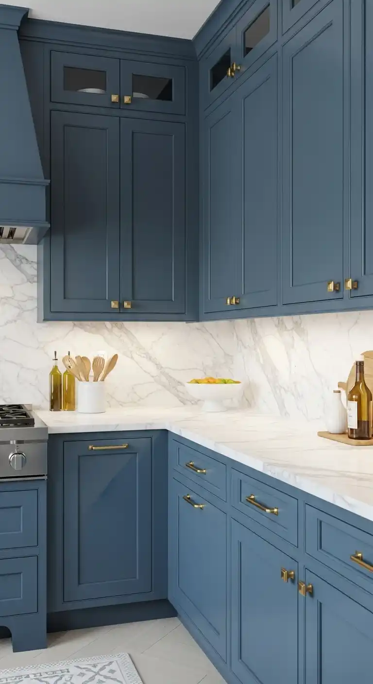 Blue Kitchen Cabinets with White Marble Countertops