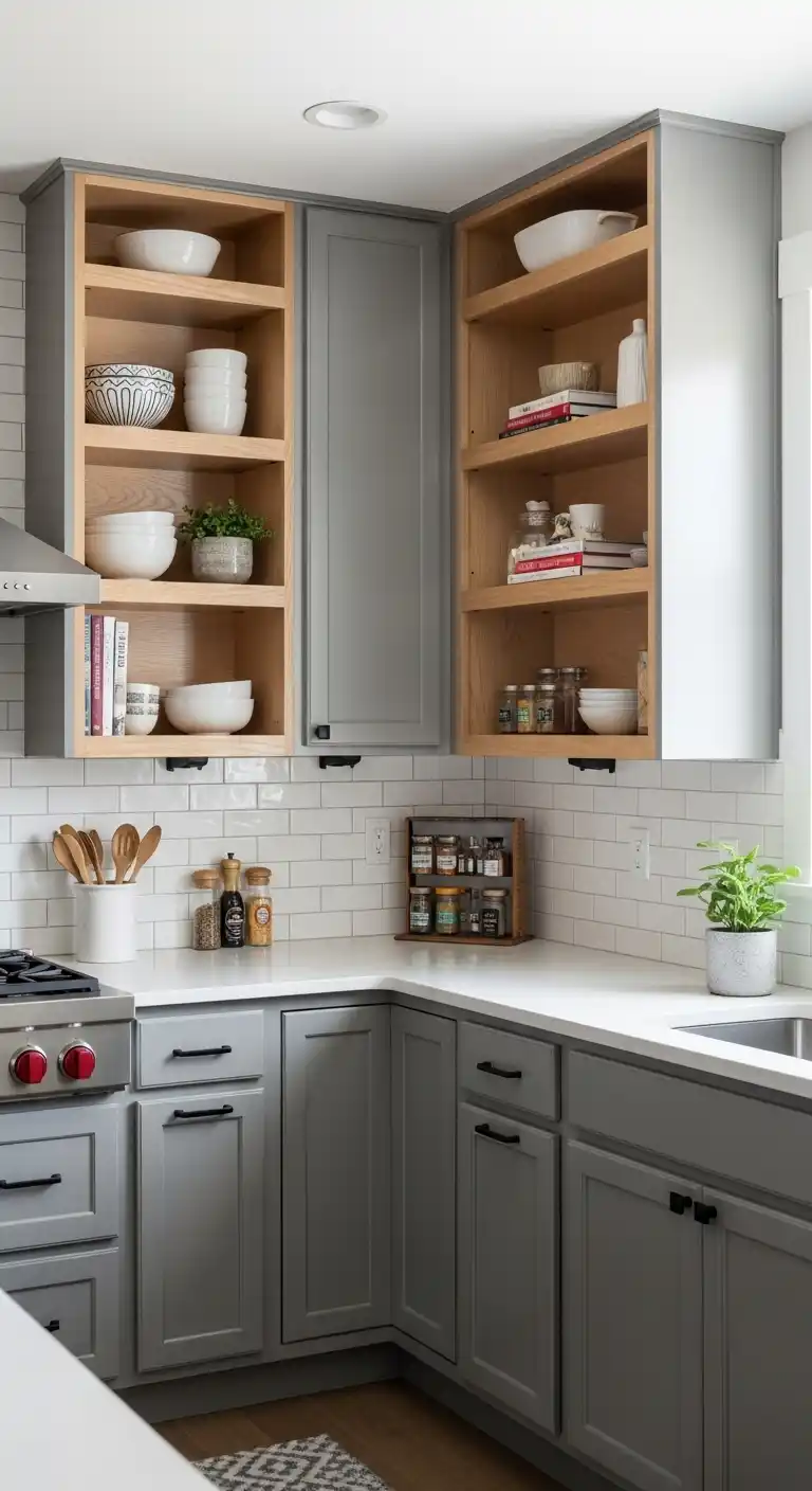 Gray Cabinets with Open Shelving Mix