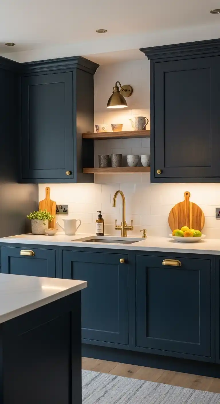 Navy Cabinets With Soft Lighting and Accents