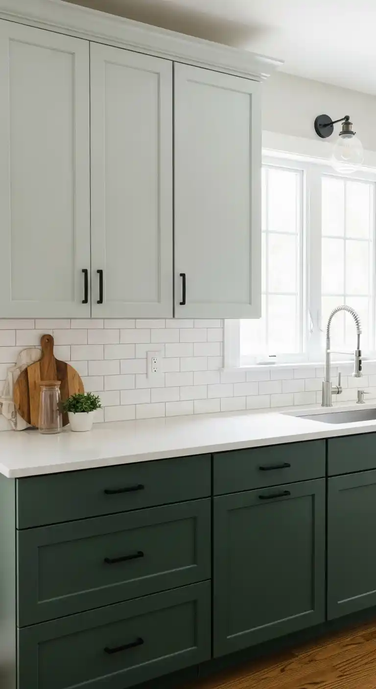 Two-Tone Green Cabinets with Lighter Upper