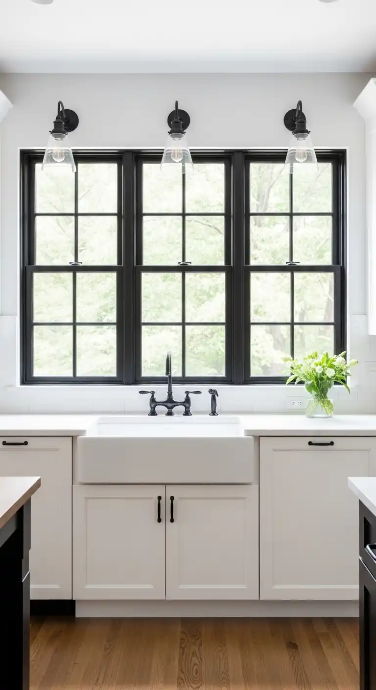 White Cabinets with Black Window Frames