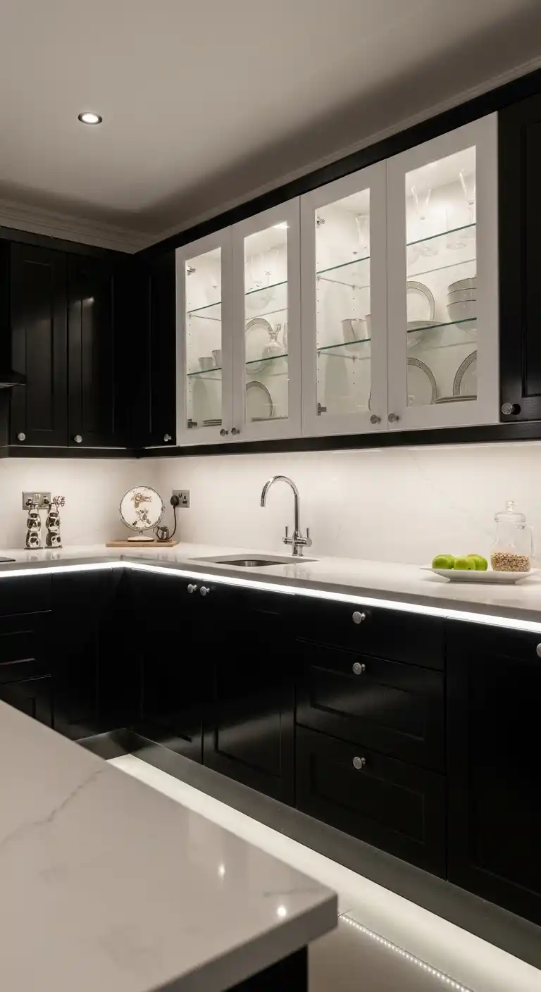 Black Cabinets with White Trim Lighting