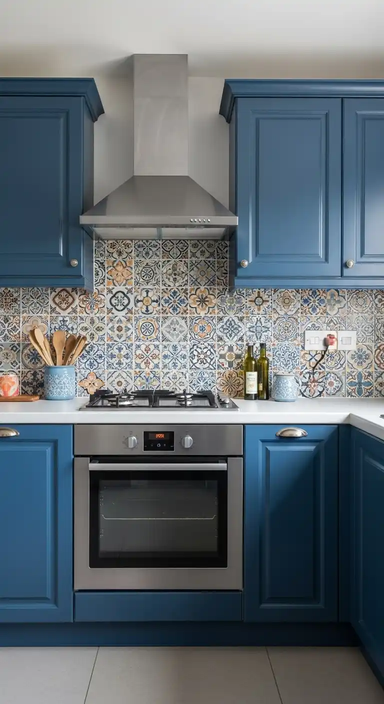 Blue Kitchen Cabinets with Patterned Backsplash
