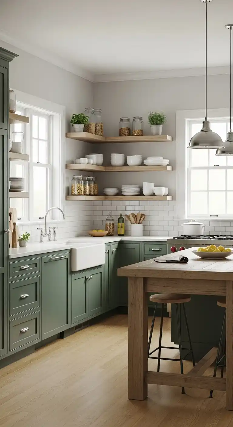 Classic Green Cabinets with Open Concept Shelving