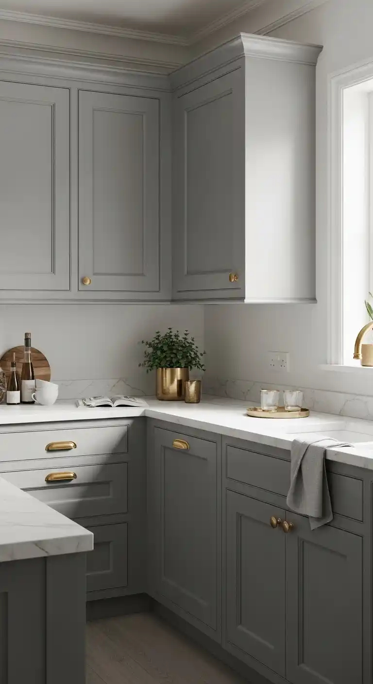 Gray Cabinets with Brass Hardware Touches