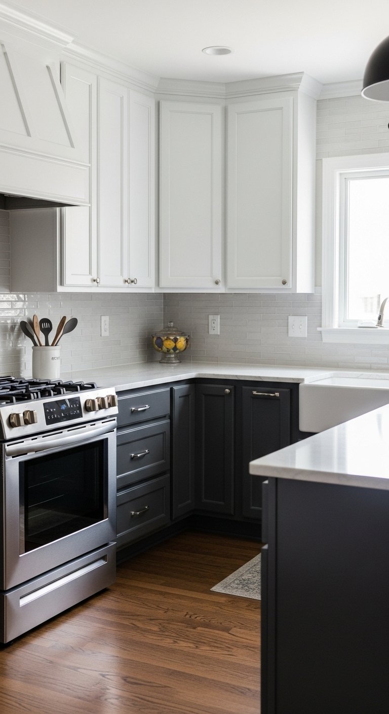 High-Contrast Kitchen Cabinet Repaint With Dark Lowers