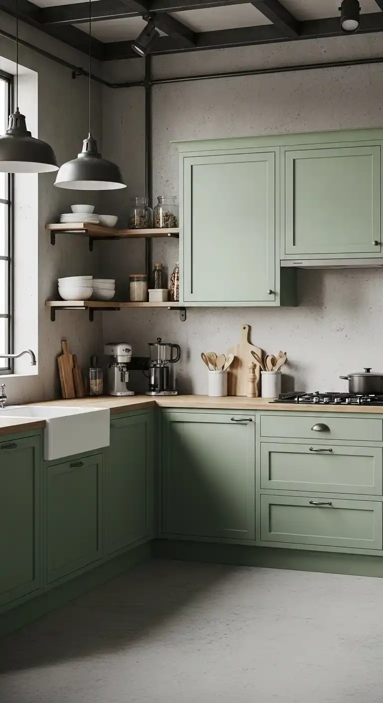 Industrial Sage Green Kitchen Cabinets