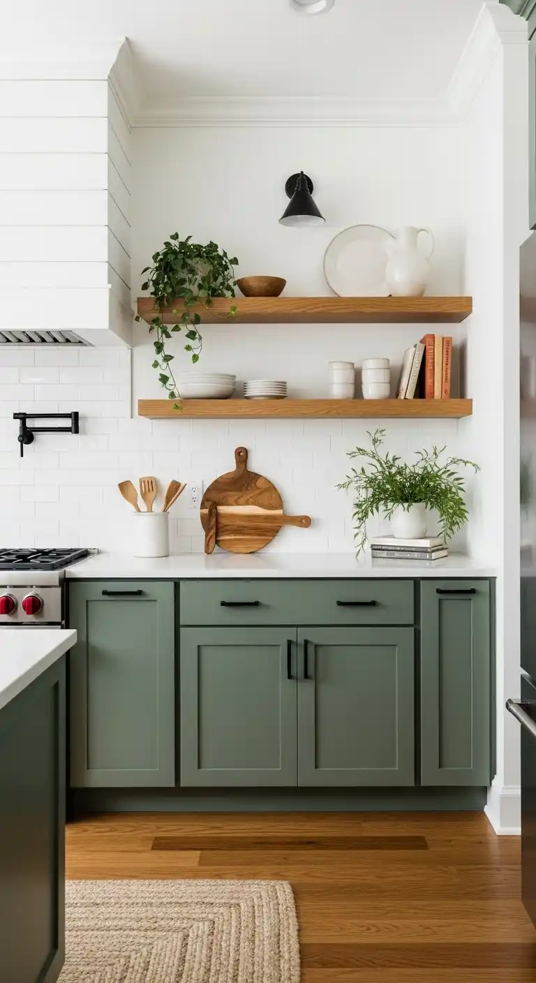 Moss Green Cabinets with White Walls