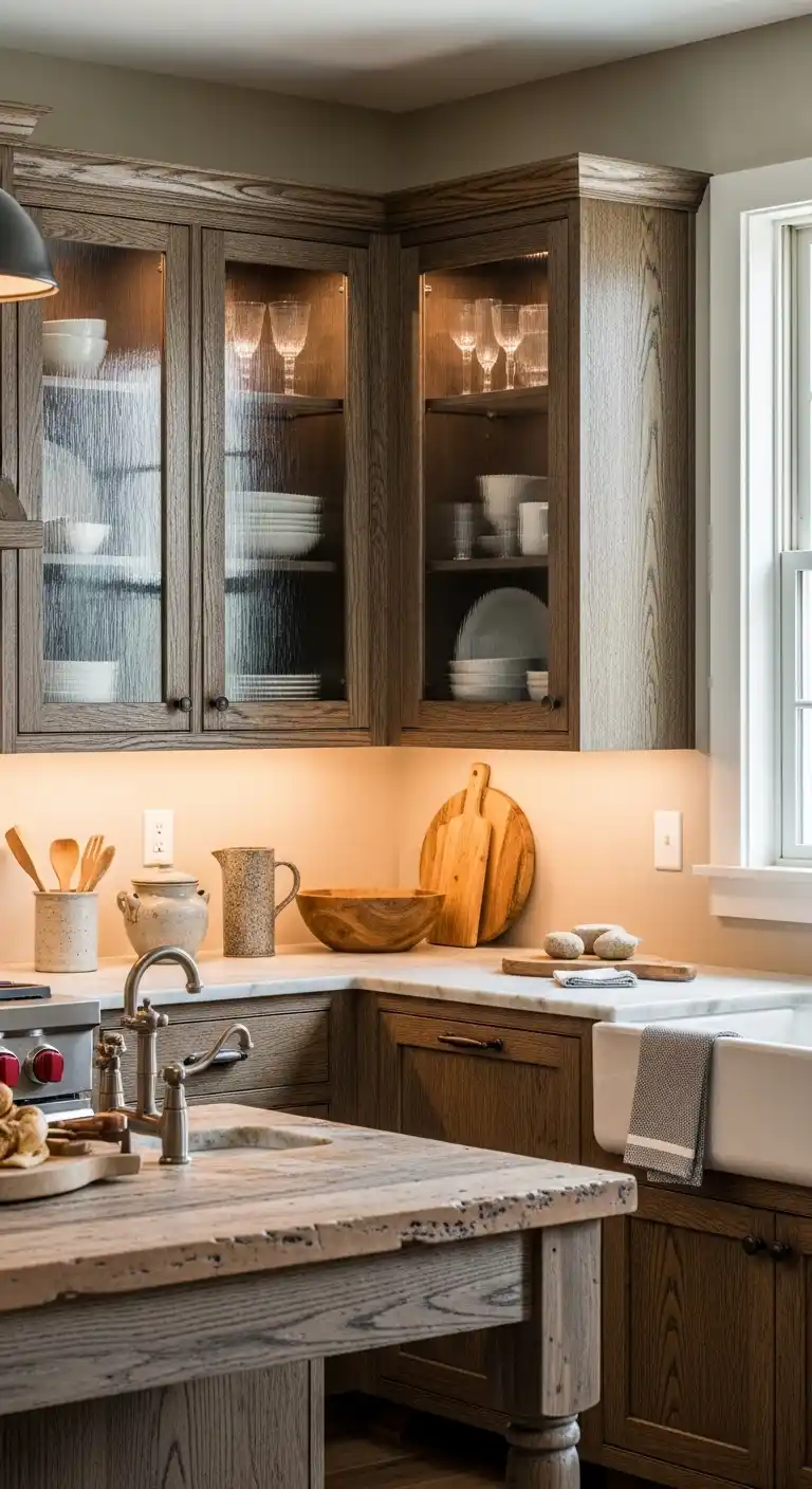 Wire-Brushed Glass Cabinets for Rustic Modern Design