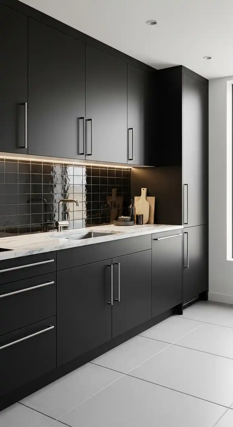 Black Kitchen Cabinets With Layered Textures