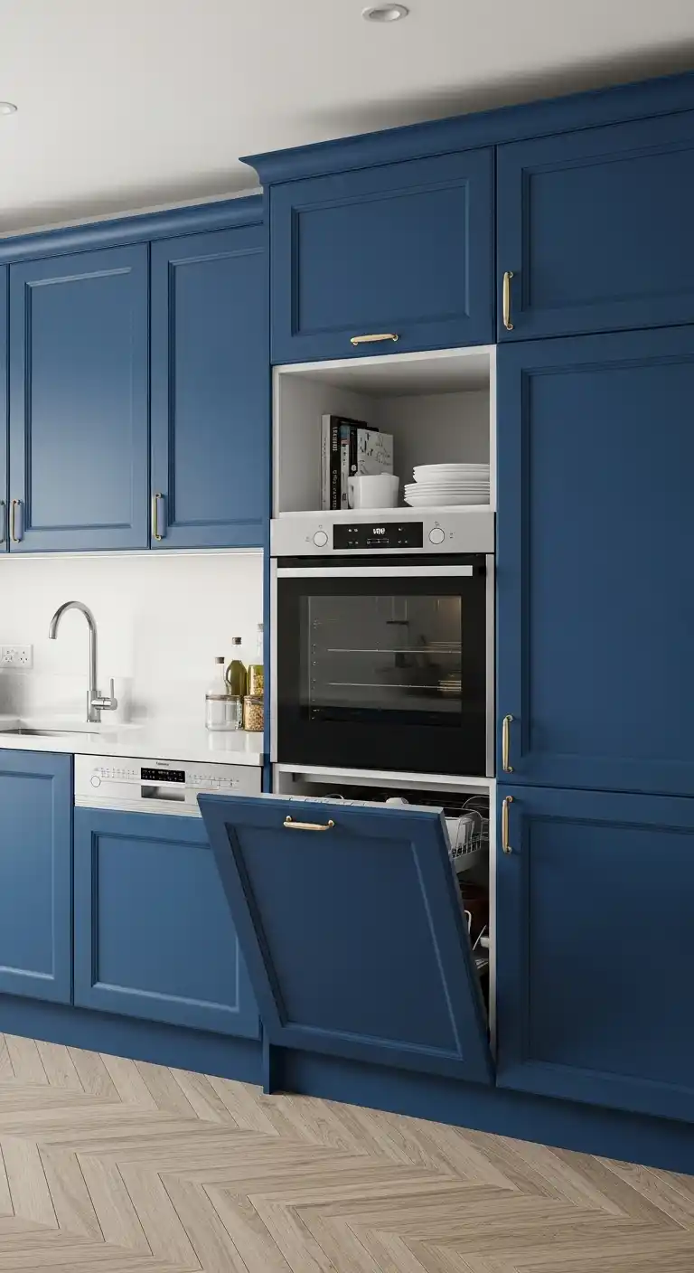Blue Kitchen Cabinets with Integrated Appliances