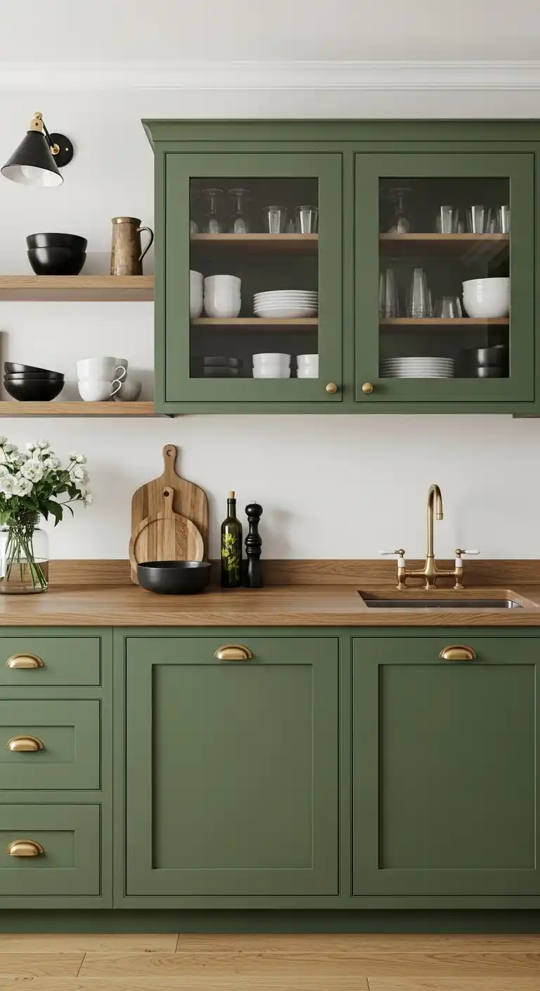 Green Cabinets with Natural Wood Accents