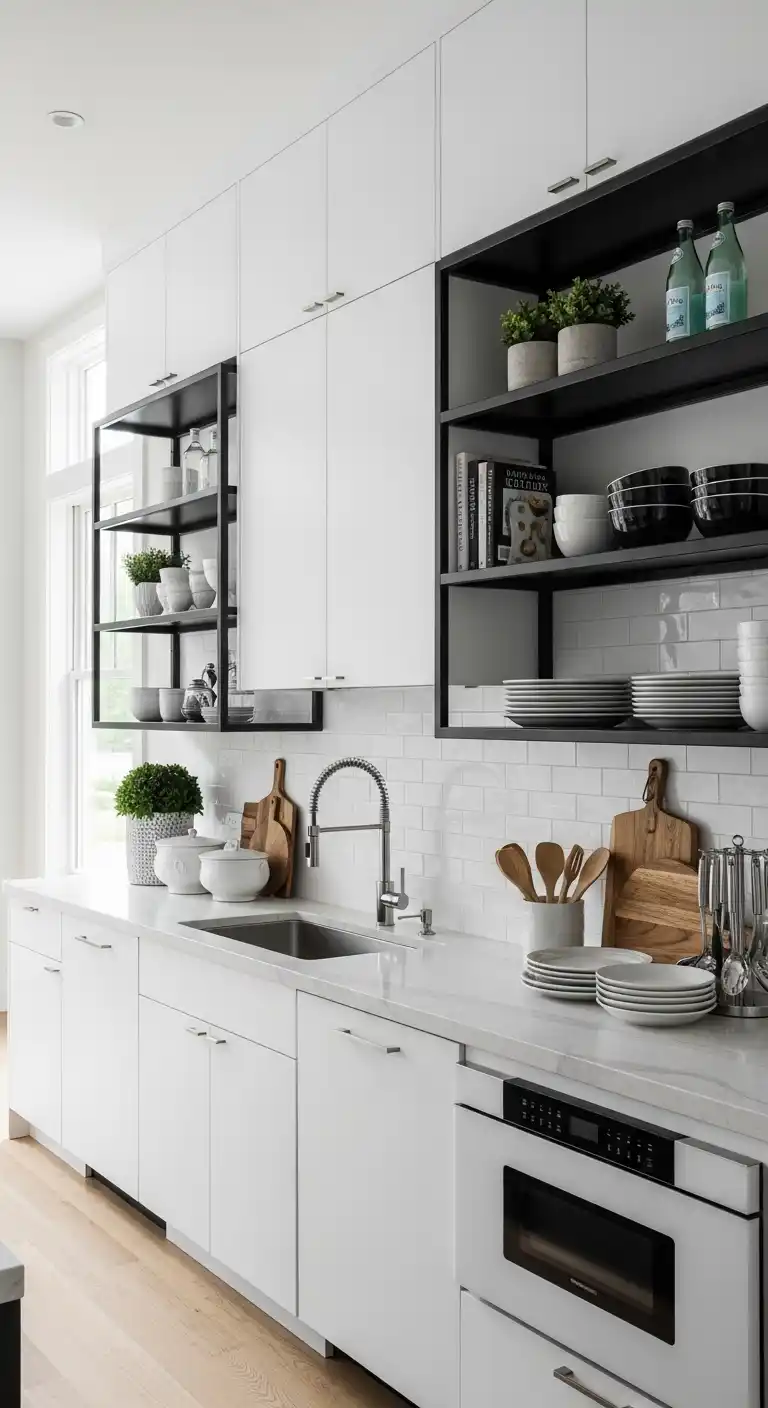 White Cabinets with Black Open Shelving