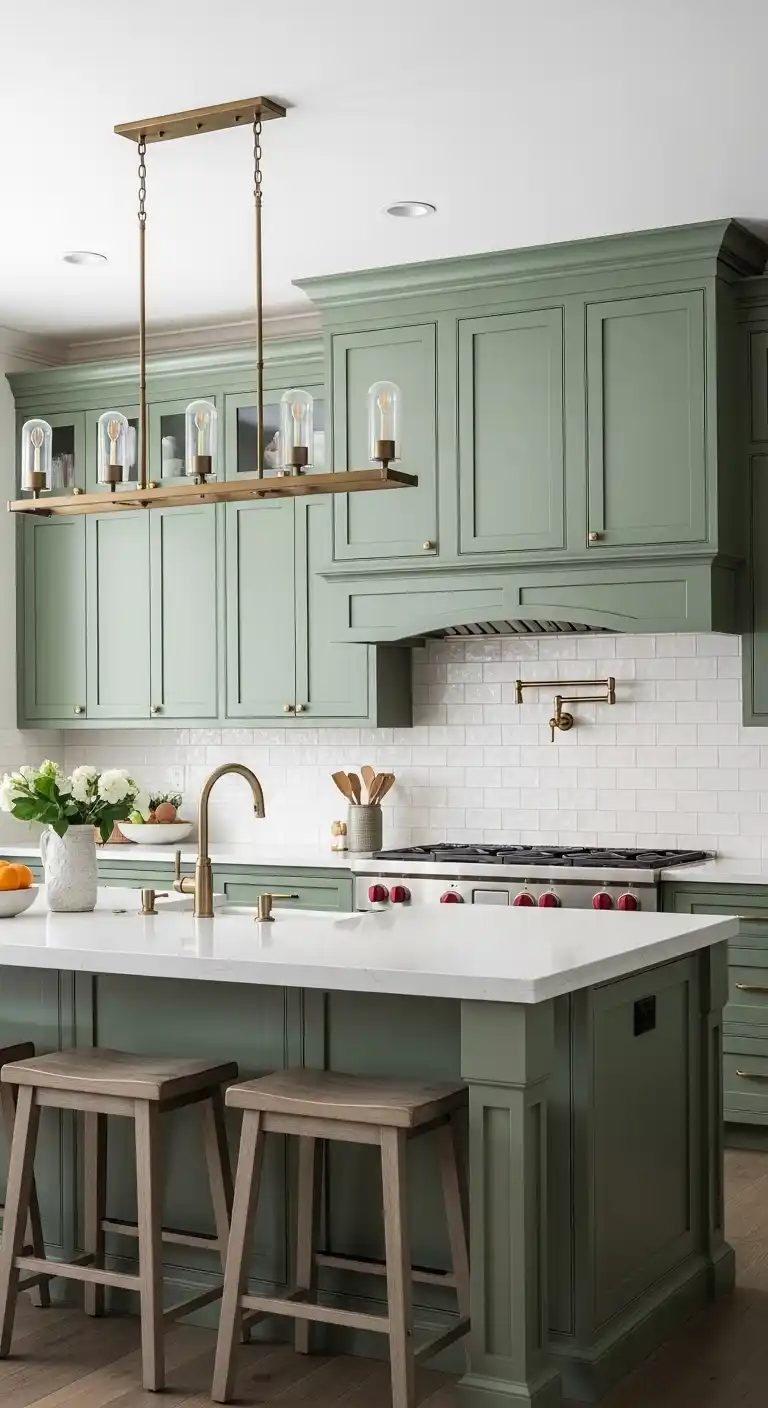 Classic Green Cabinets with Statement Lighting