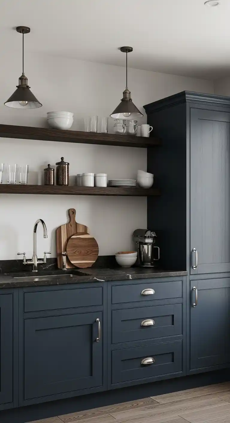 Navy Blue Kitchen Cabinets with Dark Wood Accents