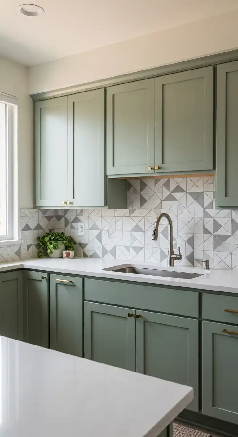 Sage Green Cabinets with Patterned Backsplash