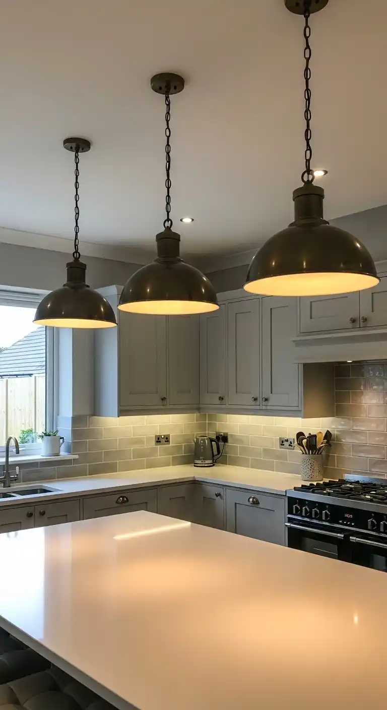 Gray Cabinets with Statement Lighting