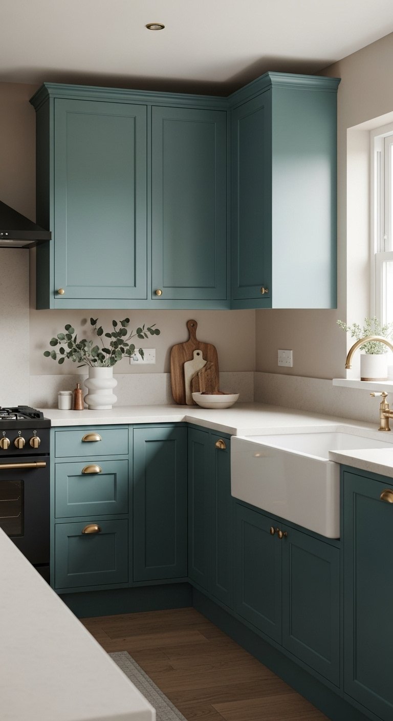 Muted Teal Kitchen Cabinet Repaint For Unique Depth