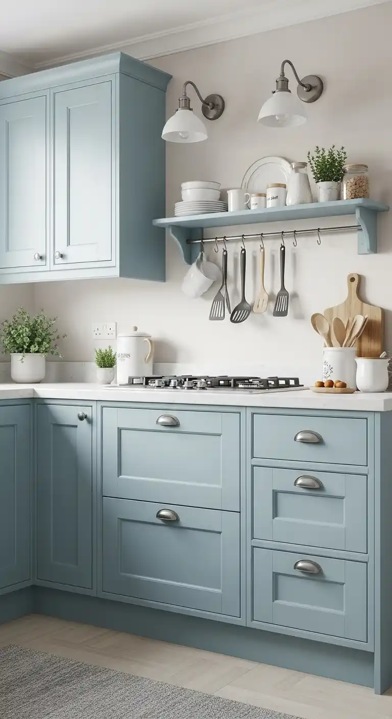 Powder Blue Kitchen Cabinets with Vintage Hardware