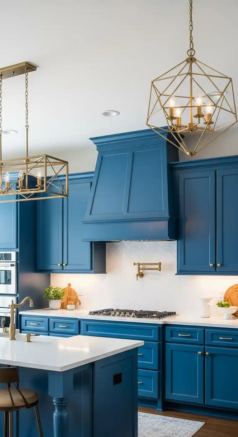 Bold Blue Kitchen Cabinets with Statement Lighting