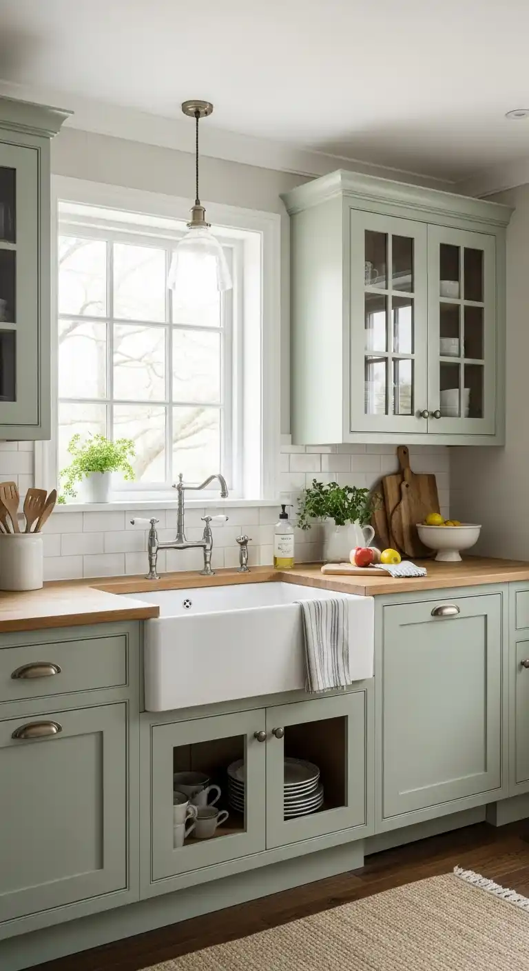 Sage Green Cabinets with Farmhouse Sink