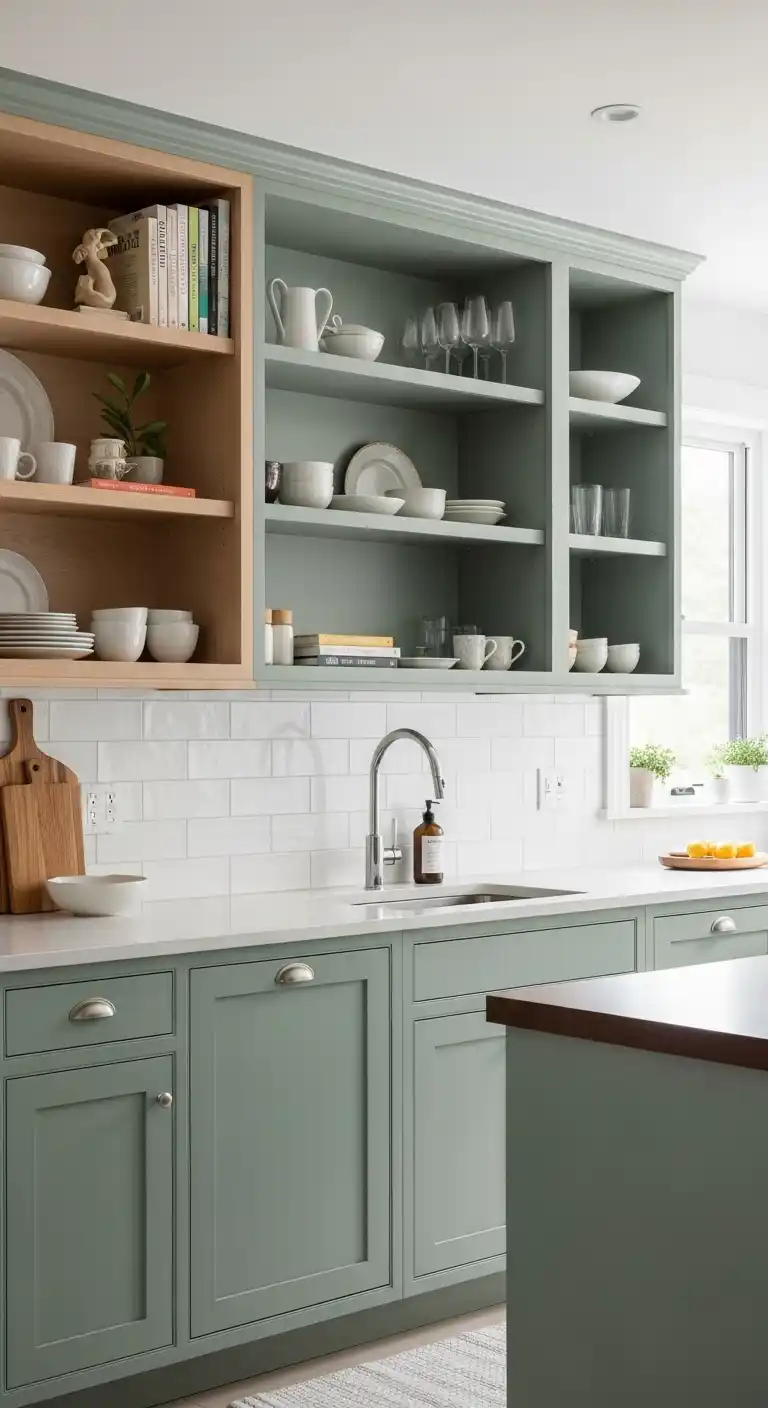 Sage Green Cabinets with Open Shelving