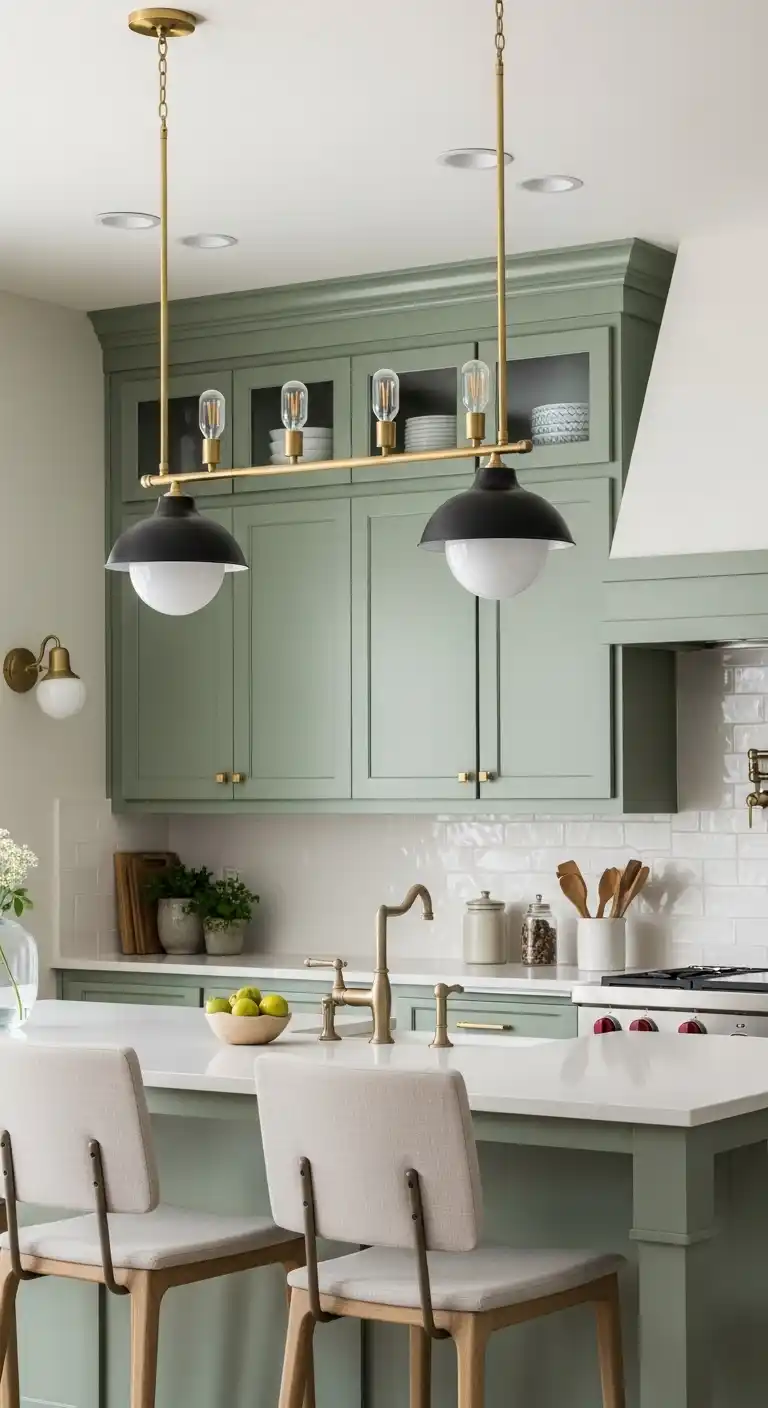 Sage Green Cabinets with Statement Lighting