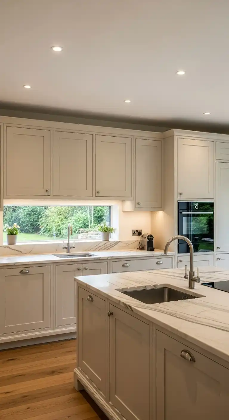 Creamy Beige Kitchen Cabinet With Light Stone Countertops