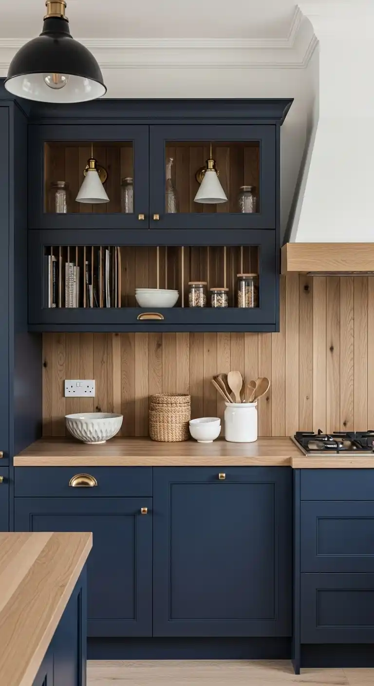 Navy Cabinets With Wood Accents