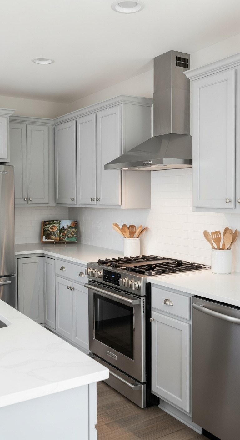 Soft Gray Kitchen Cabinet Repaint For Modern Balance