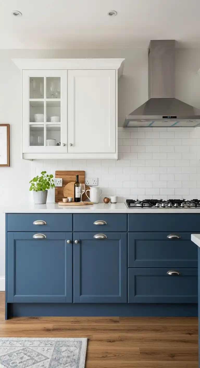 Two Tone Blue Kitchen Cabinets with White Uppers