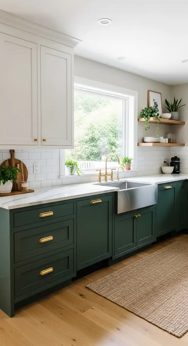 Two-Tone Green Cabinets with White Upper Cabinets