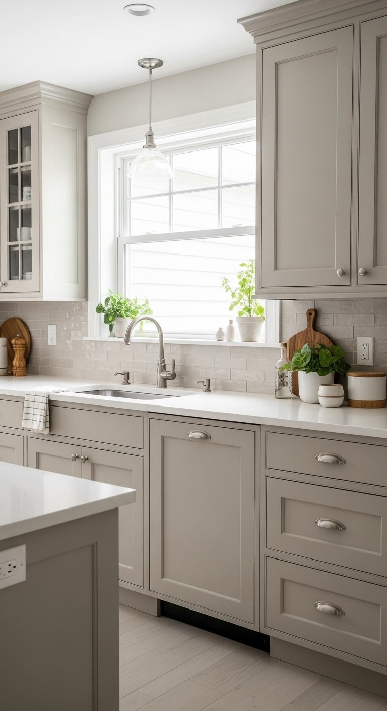 Greige Kitchen Cabinet Repaint For Neutral Versatility