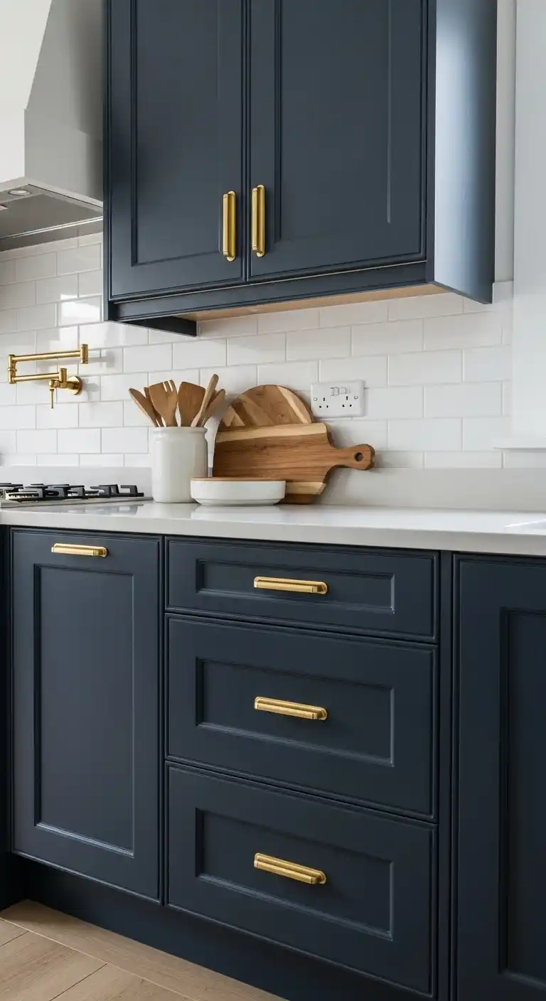 Matte Navy Blue Cabinets With Brushed Gold Hardware