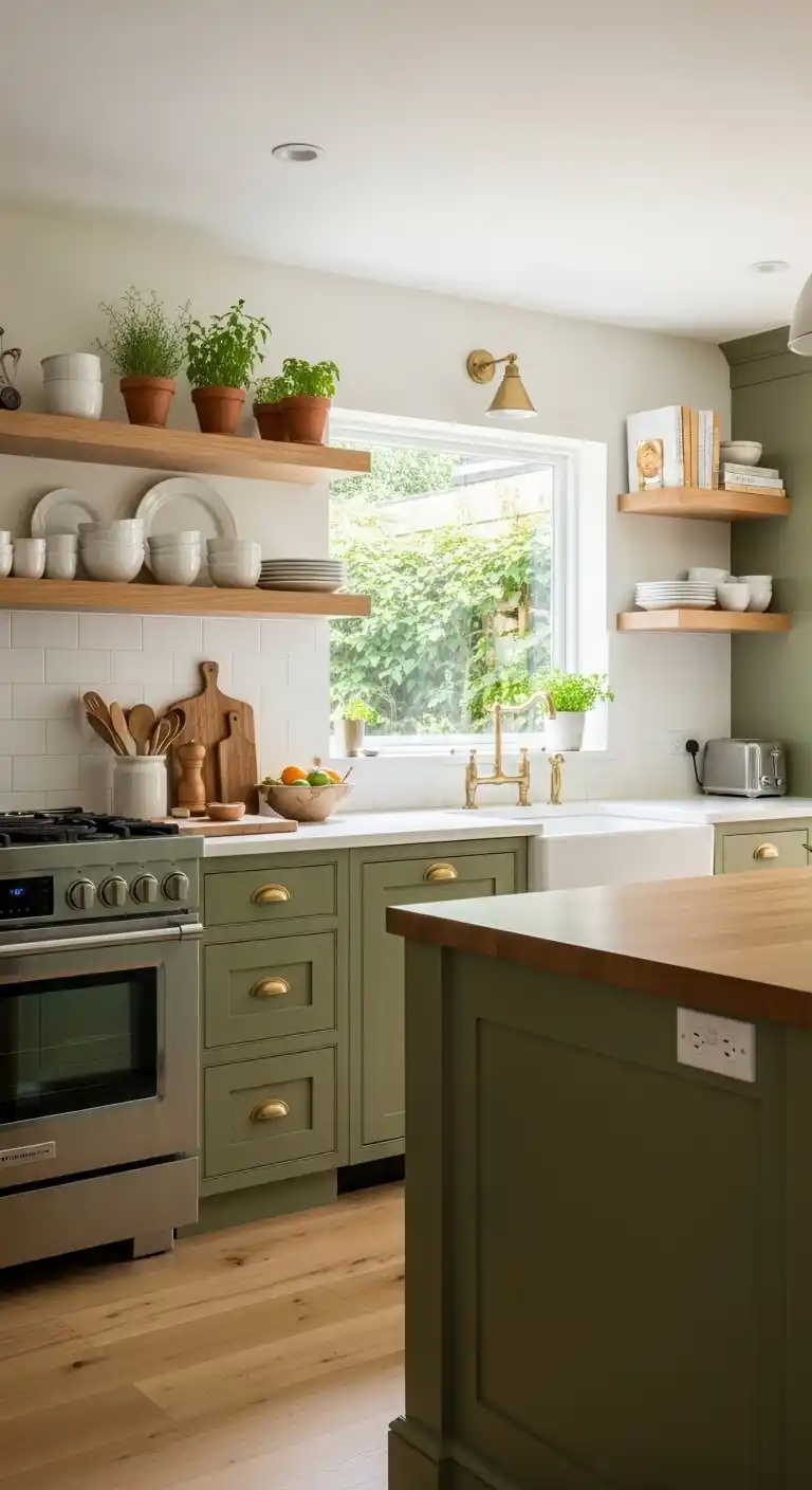 Olive Green Cabinets with Open Wooden Shelving