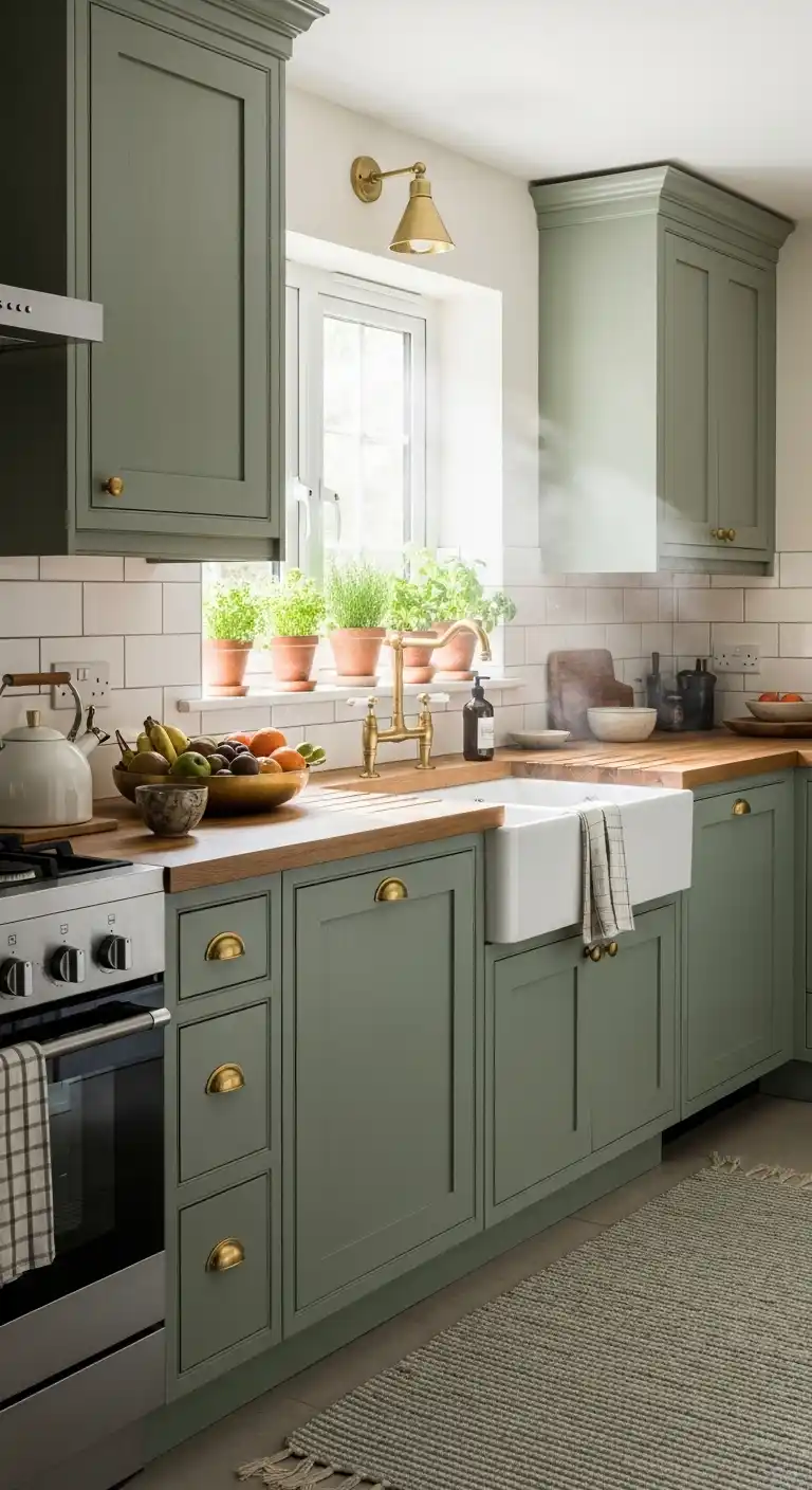 Sage Green Cabinets with Brass Hardware