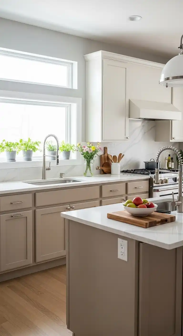 Two-Tone Beige Kitchen Cabinet With Soft White Upper Units