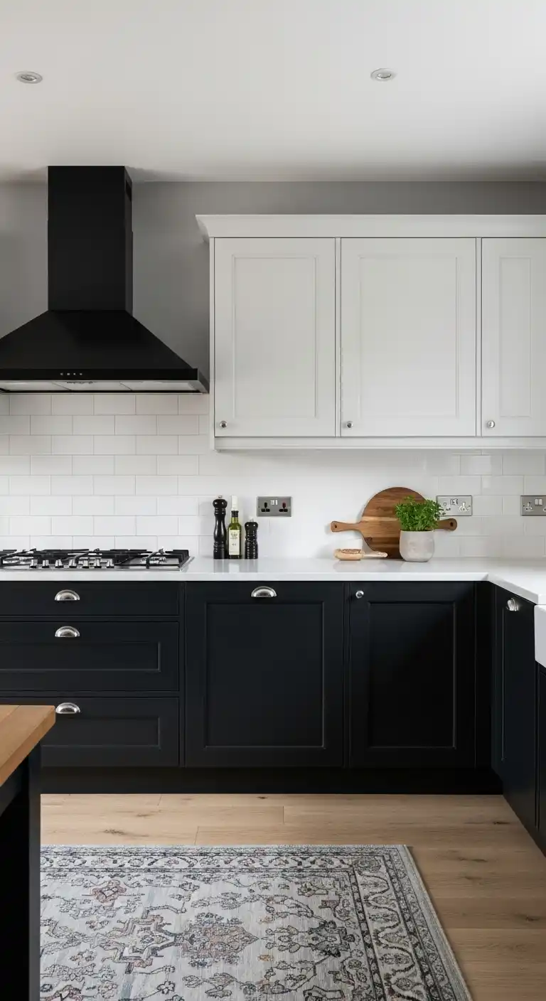 Two-Tone Black Kitchen Cabinets With Light Upper Units