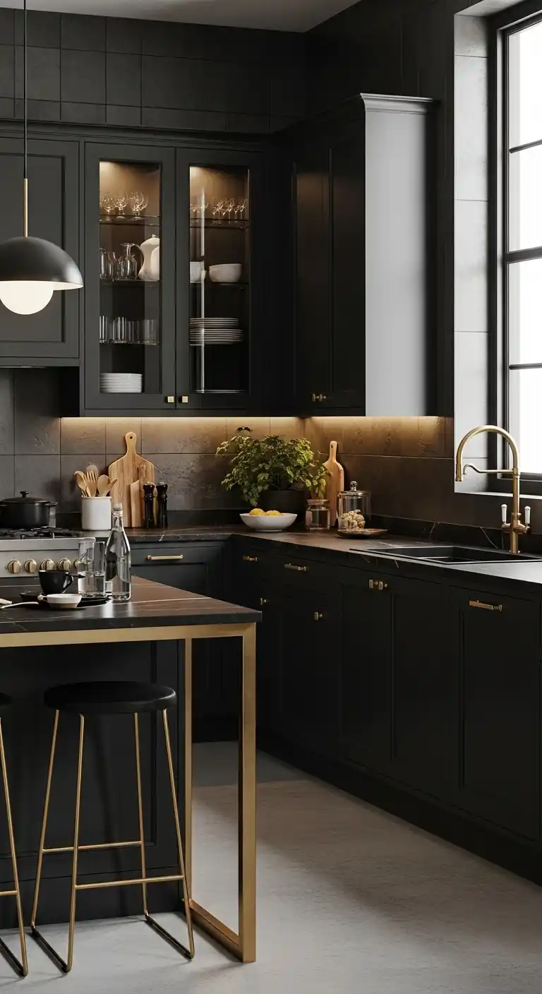 Black Kitchen Cabinets With Brass Hardware Details