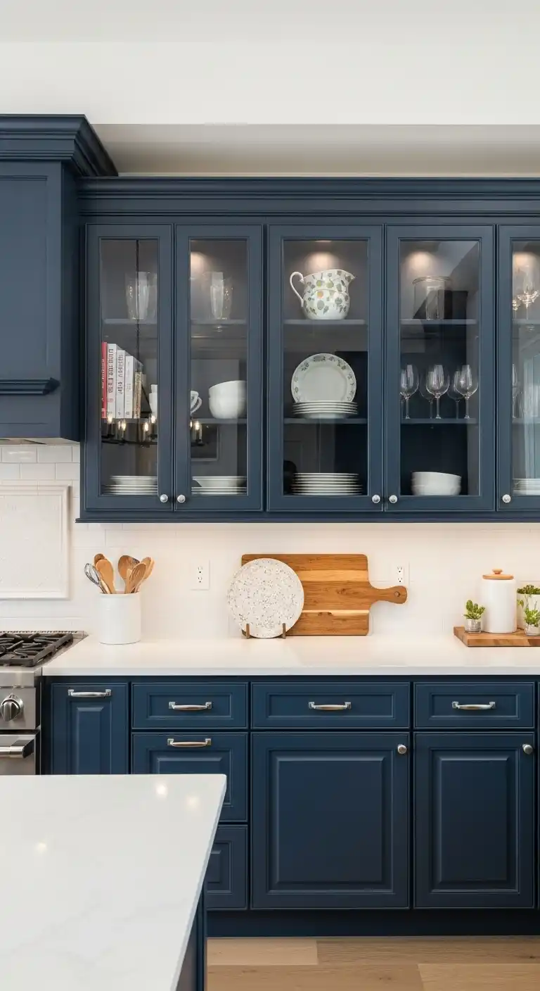 Navy Blue Cabinets With Glass-Front Doors