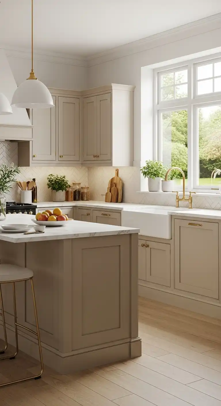 Beige Kitchen Cabinet With Brass Hardware Accents