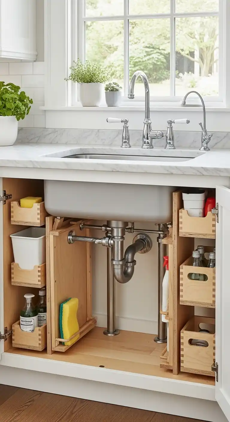 Custom-Built Organizers Around Plumbing